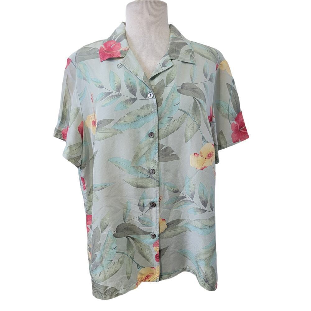 Silk Button Front Hawaiian Hibiscus Floral Short Sleeve Beach Shirt Blouse 1X